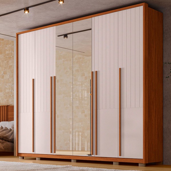 Guarda-Roupa Quintus Lux 6 Portas 6 Gavetas com Vidro Reflecta Freijó/Off White - Caemmun