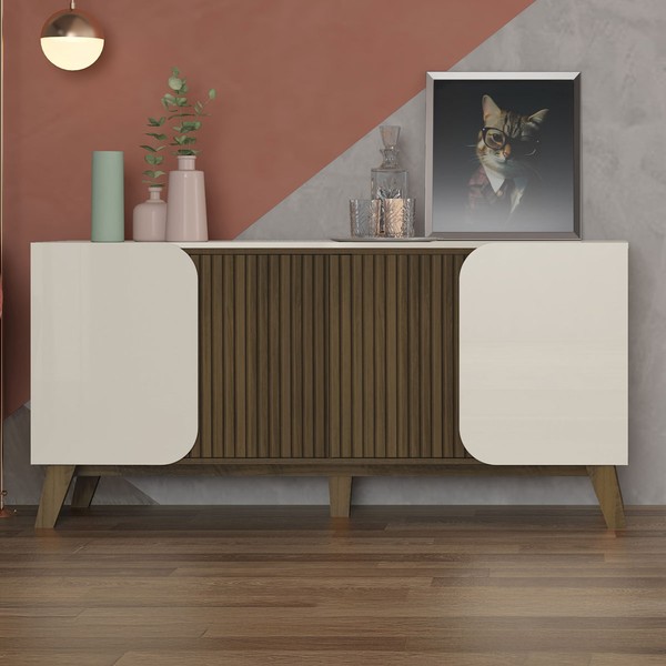 Balcão Buffet Seleto 4 Portas 2 Prateleiras Off White/Pinho Ripado - Pnr Móveis