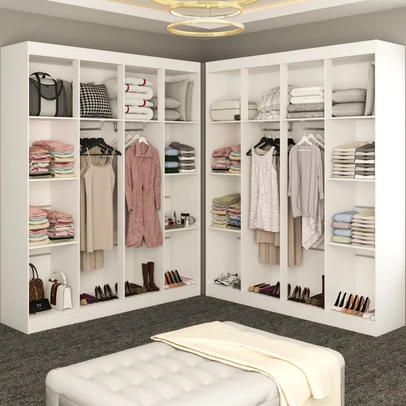 Closet Casal em L Ele e Ela 4 Metros 16 Prateleiras 4 Cabideiros Branco Fosco - Panorama Móveis