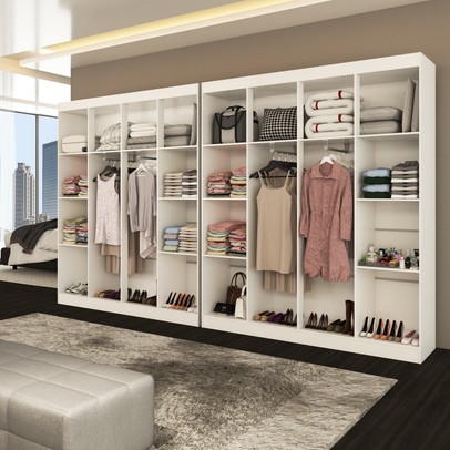 Closet Casal em L Ele e Ela 4 Metros 16 Prateleiras 4 Cabideiros Branco Fosco - Panorama Móveis