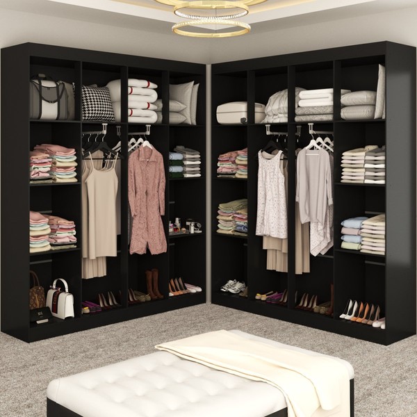 Closet Casal em L Ele e Ela 4 Metros 16 Prateleiras 4 Cabideiros Preto Fosco - Panorama Móveis