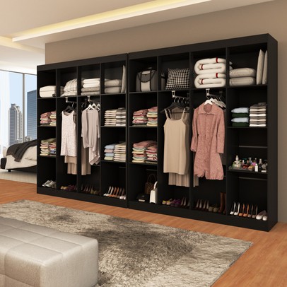 Closet Casal em L Ele e Ela 4 Metros 16 Prateleiras 4 Cabideiros Preto Fosco - Panorama Móveis