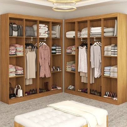 Closet Casal em L Ele e Ela 4 Metros 16 Prateleiras 4 Cabideiros Cinamomo Fosco - Panorama Móveis