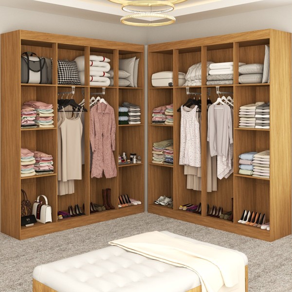Closet Casal em L Ele e Ela 4 Metros 16 Prateleiras 4 Cabideiros Cinamomo Fosco - Panorama Móveis