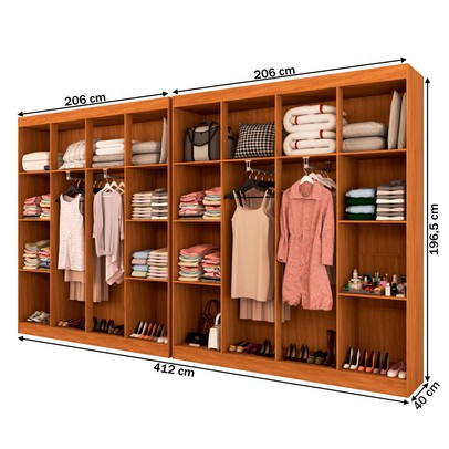 Closet Casal em L Ele e Ela 4 Metros 16 Prateleiras 4 Cabideiros Cinamomo Fosco - Panorama Móveis