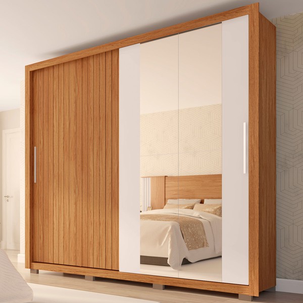 Guarda-Roupa Casal Moviment 2 Portas 4 Gavetas com Espelho Freijó/Off White - Caemmun