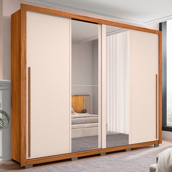 Guarda-Roupa Casal Praticus Lux 2 Portas 4 Gavetas com Espelho 100% Mdf Freijó/Off White - Caemmun
