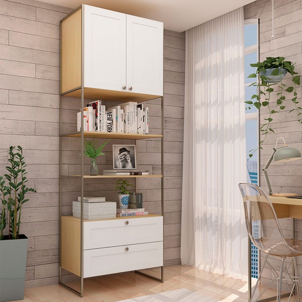 Estante para Livros 2 Portas 2 Gavetas Savana/Branco - Genialflex