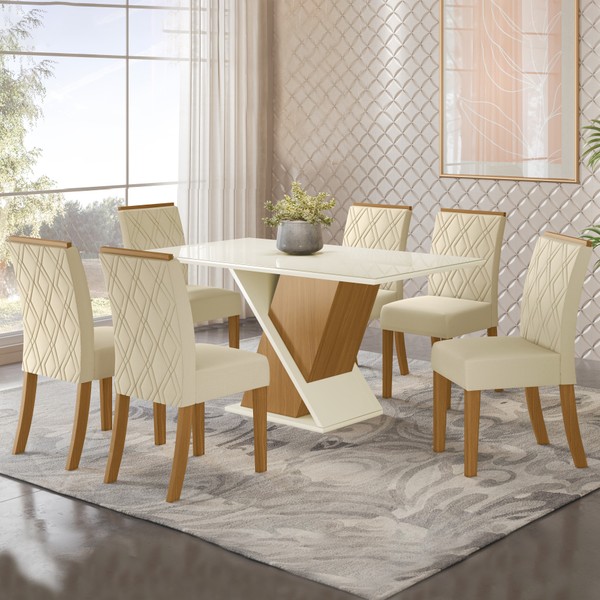 Mesa de Jantar 6 Lugares Alice com Vidro Nature/Off White/Linho - Panorama Móveis