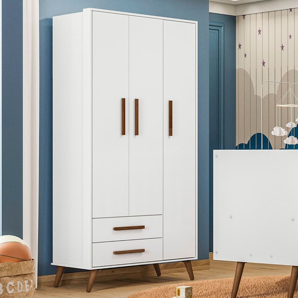 Guarda-Roupa de Bebê Encanto 3 Portas 2 Gavetas Branco Acetinado - Qmovi