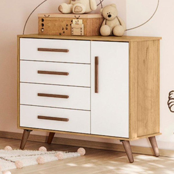 Cômoda Encanto 1 Porta 4 Gavetas Freijó/Branco Acetinado - Qmovi
