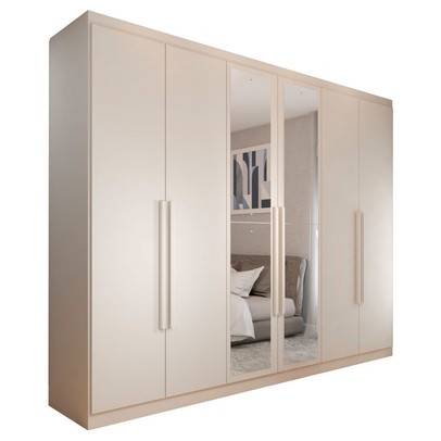 Guarda-Roupa Casal Madalena 6 Portas 4 Gavetas 100% Mdf com Espelho Off White - Panorama Móveis