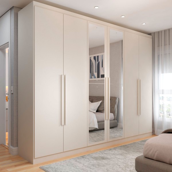 Guarda-Roupa Casal Madalena 6 Portas 4 Gavetas 100% Mdf com Espelho Off White - Panorama Móveis