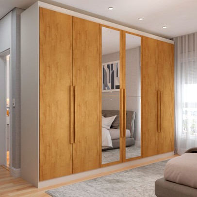 Guarda-Roupa Casal Madalena 6 Portas 4 Gavetas 100% Mdf com Espelho Off White/Peroba - Panorama Móveis