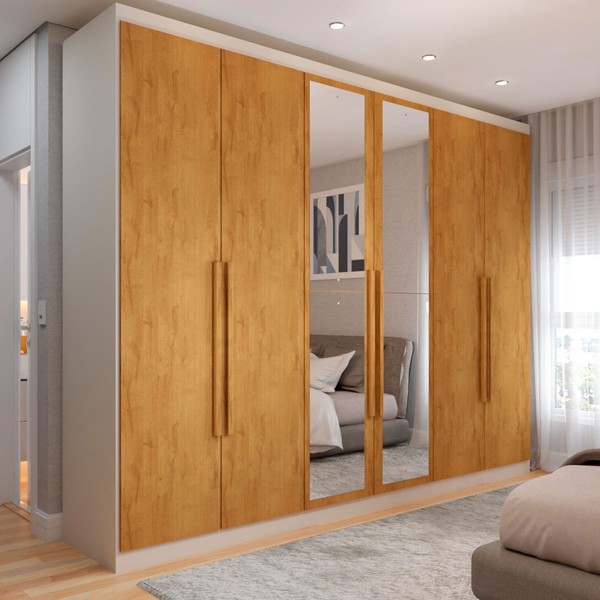 Guarda-Roupa Casal Madalena 6 Portas 4 Gavetas 100% Mdf com Espelho Off White/Peroba - Panorama Móveis