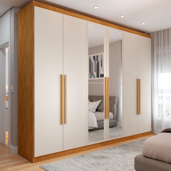 Guarda-Roupa Casal  Madalena 6 Portas 4 Gavetas 100% Mdf com Espelho Peroba/Off White - Panorama Móveis