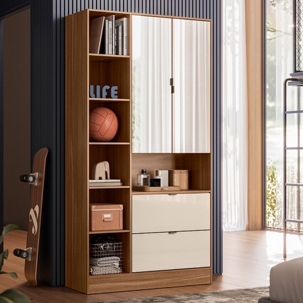 Armário Multiuso Joy 2 Portas 2 Gavetas com Espelho Amêndola Touch/Off White - Demóbile