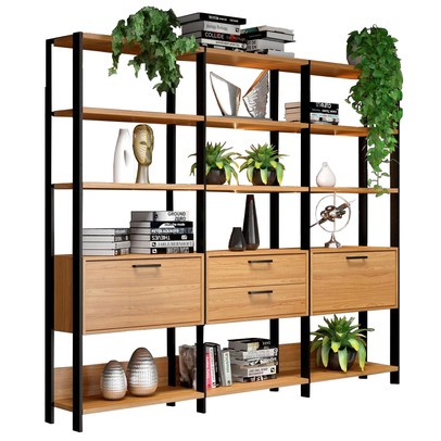 Estante para Livros Home Office 100% Mdf 2 Portas 2 Gavetas Freijó/Preto - Panorama Móveis