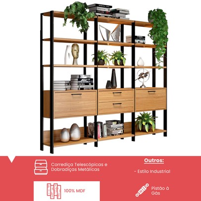 Estante para Livros Home Office 100% Mdf 2 Portas 2 Gavetas Freijó/Preto - Panorama Móveis
