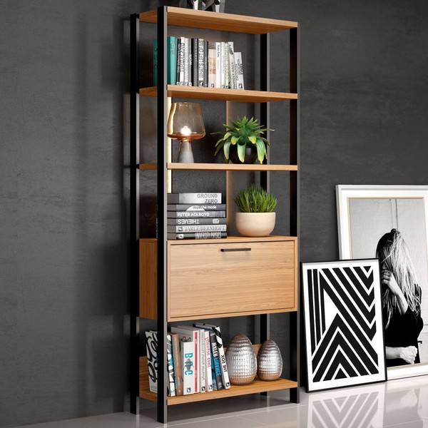 Estante para Livros Home Office 100% Mdf 1 Porta Freijó/Preto - Panorama Móveis