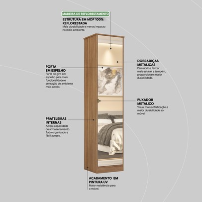 Armário Multiuso Reflex 1 Porta Espelhada Amêndola Touch - Demóbile