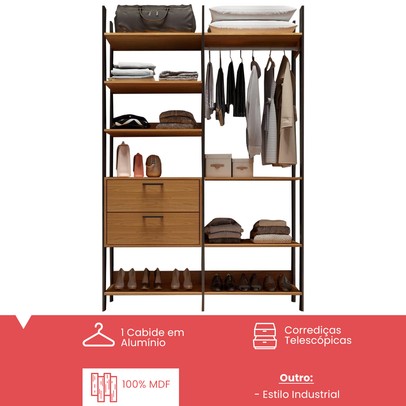 Closet Marselha 100% Mdf 2 Gavetas 8 Prateleiras Freijó/Preto - Panorama Móveis