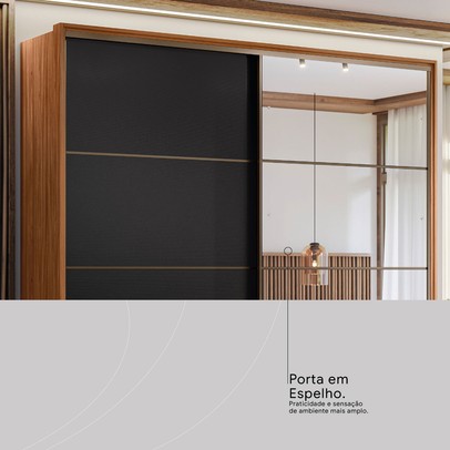 Guarda-Roupa Casal Belga 2 Portas 3 Gavetas com Espelho Nogueira Touch/Preto Prime Tx - Demóbile