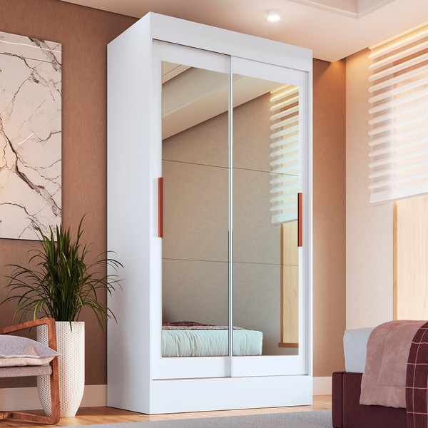 Guarda-Roupa Solteiro Barcelona 2 Portas de Correr Espelhadas 2 Gavetas Branco - Panorama Móveis