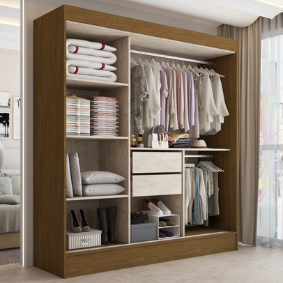 Guarda-Roupa Solteiro Atlanta 3 Portas de Correr 2 Gavetas Cinamomo/Off White - Panorama Móveis