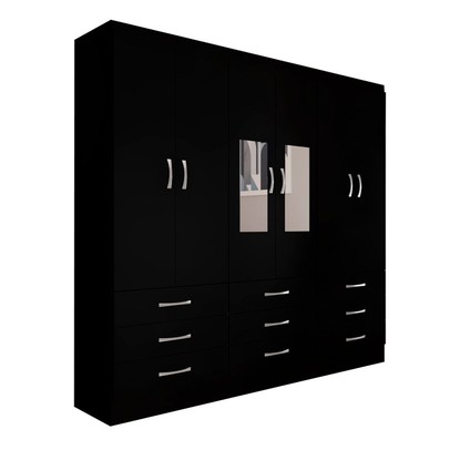 Guarda-Roupa Casal Madri 6 Portas 9 Gavetas com Espelho Preto - Panorama Móveis