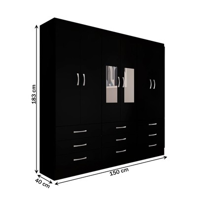Guarda-Roupa Casal Madri 6 Portas 9 Gavetas com Espelho Preto - Panorama Móveis