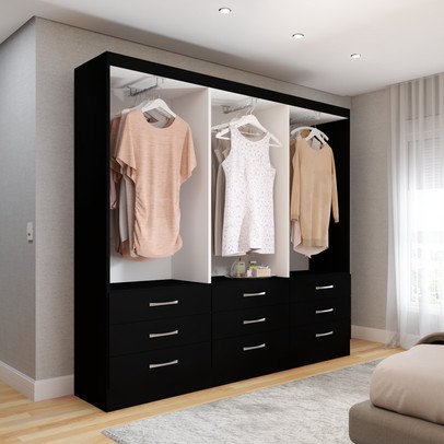 Guarda-Roupa Casal Madri 6 Portas 9 Gavetas com Espelho Preto - Panorama Móveis