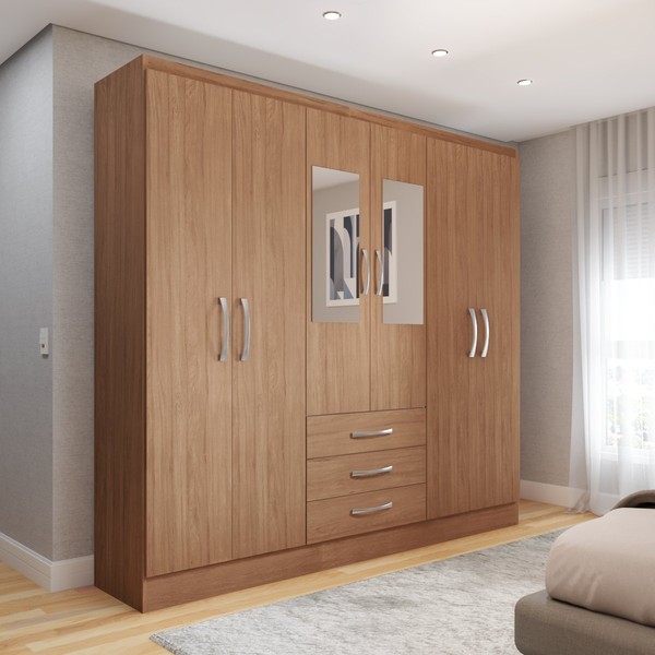 Guarda-Roupa Solteiro Vigo 6 Portas 3 Gavetas com Espelho Cinamomo - Panorama Móveis