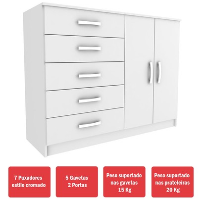Cômoda Florença 2 Portas 5 Gavetas Branco - Panorama Móveis