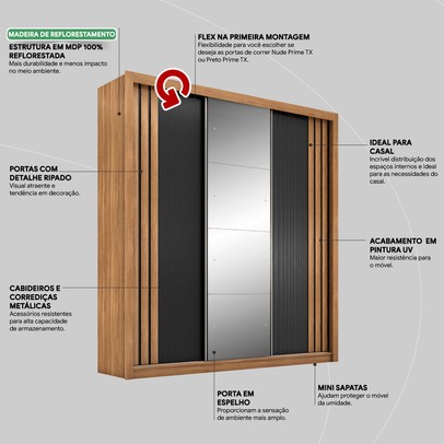 Guarda-Roupa Casal Moema 3 Portas 2 Gavetas Flex com Espelho Amêndola Nude/Preto Prime Tx - Demóbile
