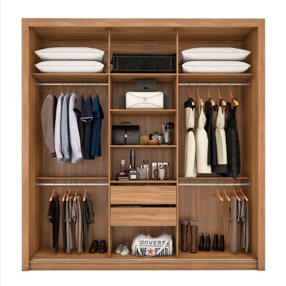 Guarda-Roupa Casal Moema 3 Portas 2 Gavetas Flex com Espelho Amêndola Nude/Preto Prime Tx - Demóbile