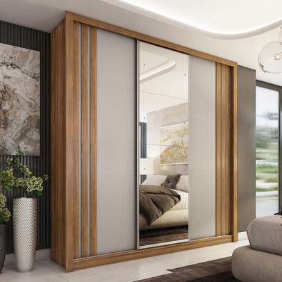 Guarda-Roupa Casal Moema 3 Portas 2 Gavetas Flex com Espelho Amêndola Nude/Preto Prime Tx - Demóbile