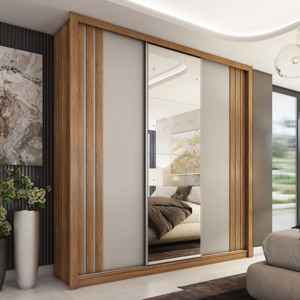 Guarda-Roupa Casal Moema 3 Portas 2 Gavetas Flex com Espelho Amêndola Nude/Preto Prime Tx - Demóbile
