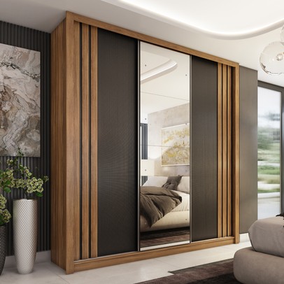 Guarda-Roupa Casal Moema 3 Portas 2 Gavetas Flex com Espelho Amêndola Nude/Preto Prime Tx - Demóbile