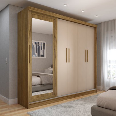 Guarda-Roupa de Casal Miami 5 Portas 4 Gavetas com Espelho Carvalho/Macadamia - Panorama Móveis