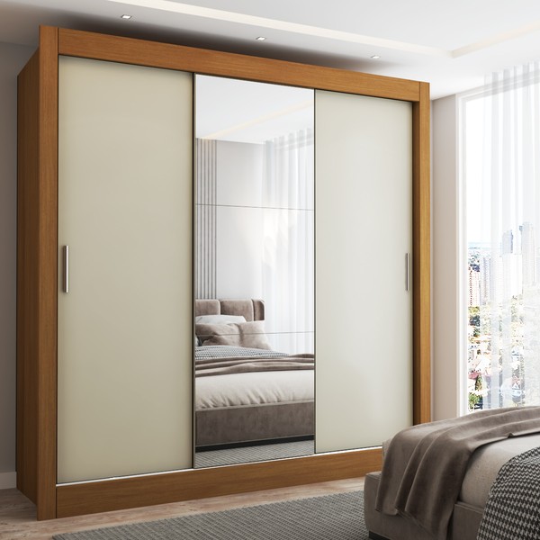 Guarda-Roupa Casal Flórida 3 Portas de Correr com Espelho 3 Gavetas Cinamomo - Panorama Móveis
