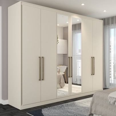 Guarda-Roupa Casal Guarujá 6 Portas 6 Gavetas com Espelho 100% Mdf Off White - Panorama Móveis