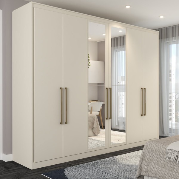 Guarda-Roupa Casal Guarujá 6 Portas 6 Gavetas com Espelho 100% Mdf Off White - Panorama Móveis
