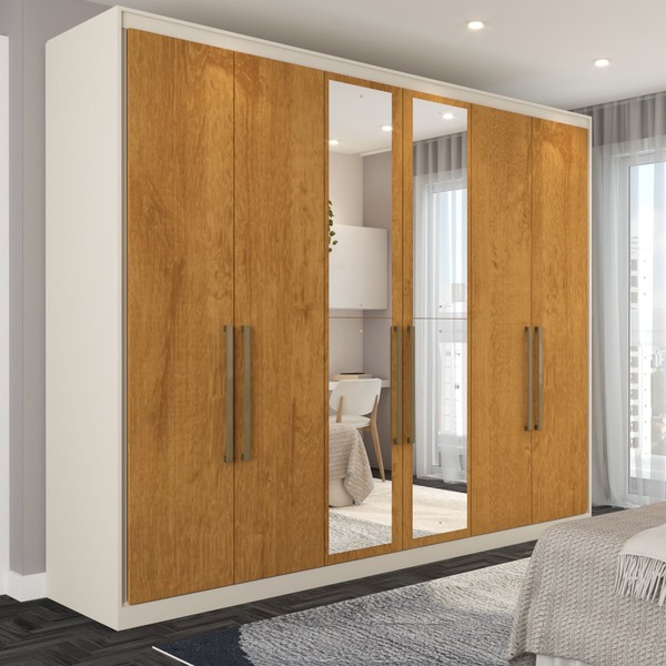 Guarda-Roupa Casal Guarujá 6 Portas 6 Gavetas com Espelho 100% Mdf Off White/Peroba - Panorama Móveis