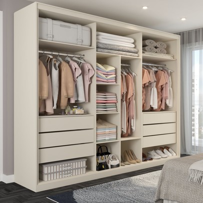 Guarda-Roupa Casal Guarujá 6 Portas 6 Gavetas com Espelho 100% Mdf Off White/Peroba - Panorama Móveis