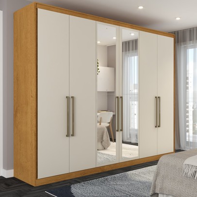 Guarda-Roupa Casal Guarujá 6 Portas 6 Gavetas com Espelho 100% Mdf Peroba/Off White - Panorama Móveis