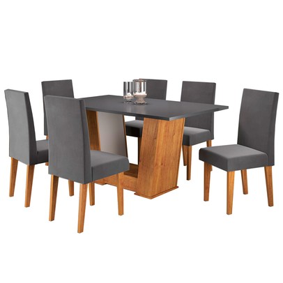 Mesa de Jantar 6 Lugares Floripa Mel/Cinza/Veludo Grafite - Viero Móveis