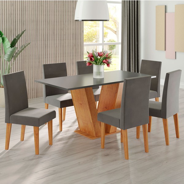 Mesa de Jantar 6 Lugares Felicity Vênus Mel/Cinza/Veludo Grafite - Viero Móveis