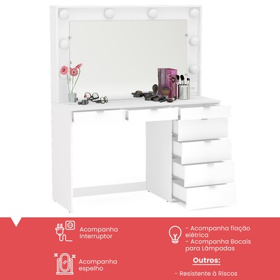 Penteadeira Camarim Top Model para 8 Lâmpadas 7 Gavetas Branco - Panorama Móveis