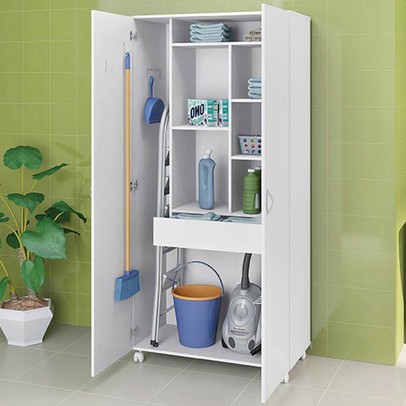 Armário Multiuso área de Serviço 2 Portas 1 Gaveta com Suporte para Vassouras Branco - Panorama Móveis